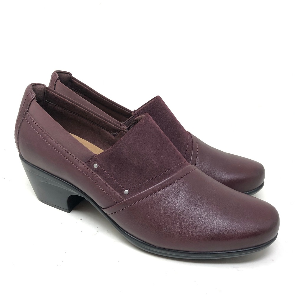 Clarks Womens 10 Emily Step Pumps Burgundy Leather Suede Block Heel